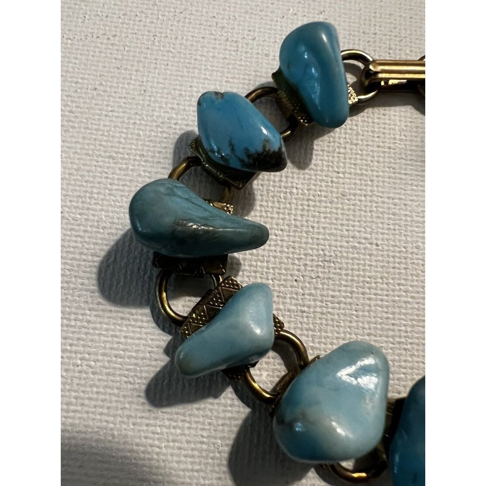 Vintage Silver Tone Book Chain Link Bracelet W Faux Turquoise Nuggets ~ 7" View 5